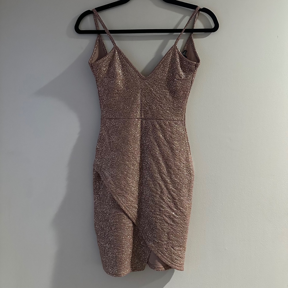 PrettyLittleThing Rose Gold‎ Glitter Bodycon Mini Dress V-Neck Wrap Skirt Size 0